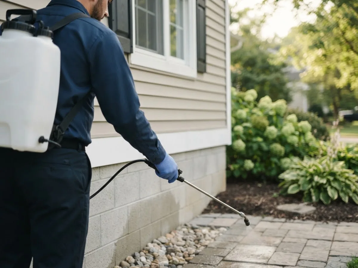 Pest control technician inspecting a home in Swanton, NE